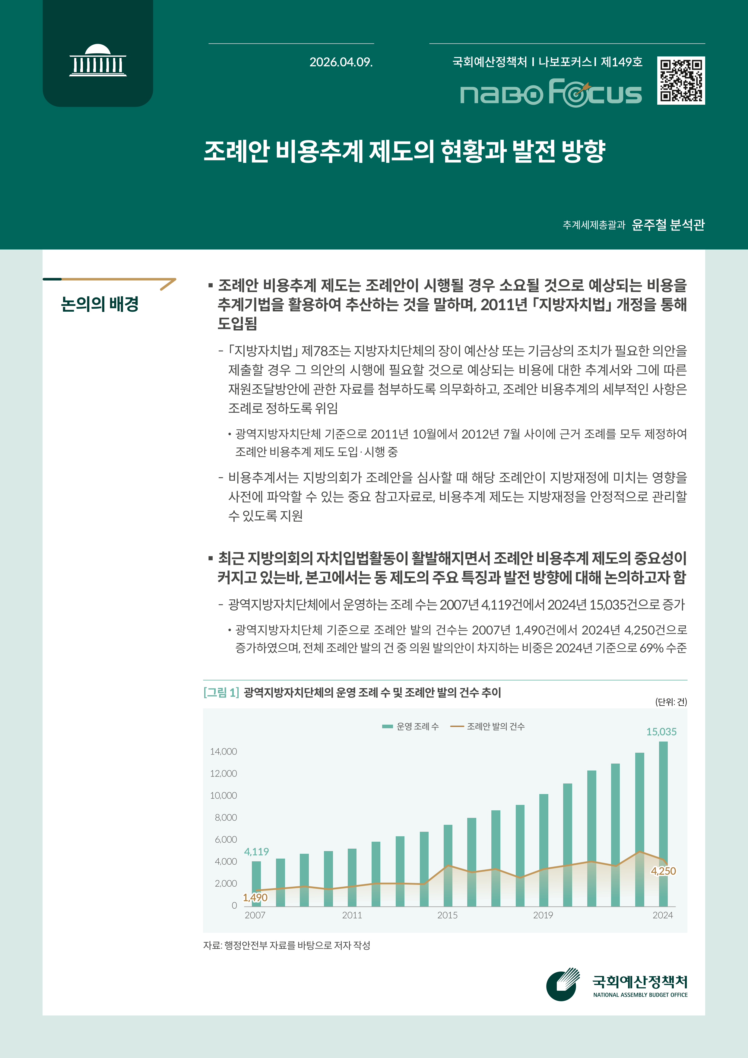 [NABO Focus 제149호] 조례안 비용추계 제도의 현황과 발전 방향 발간물 표지