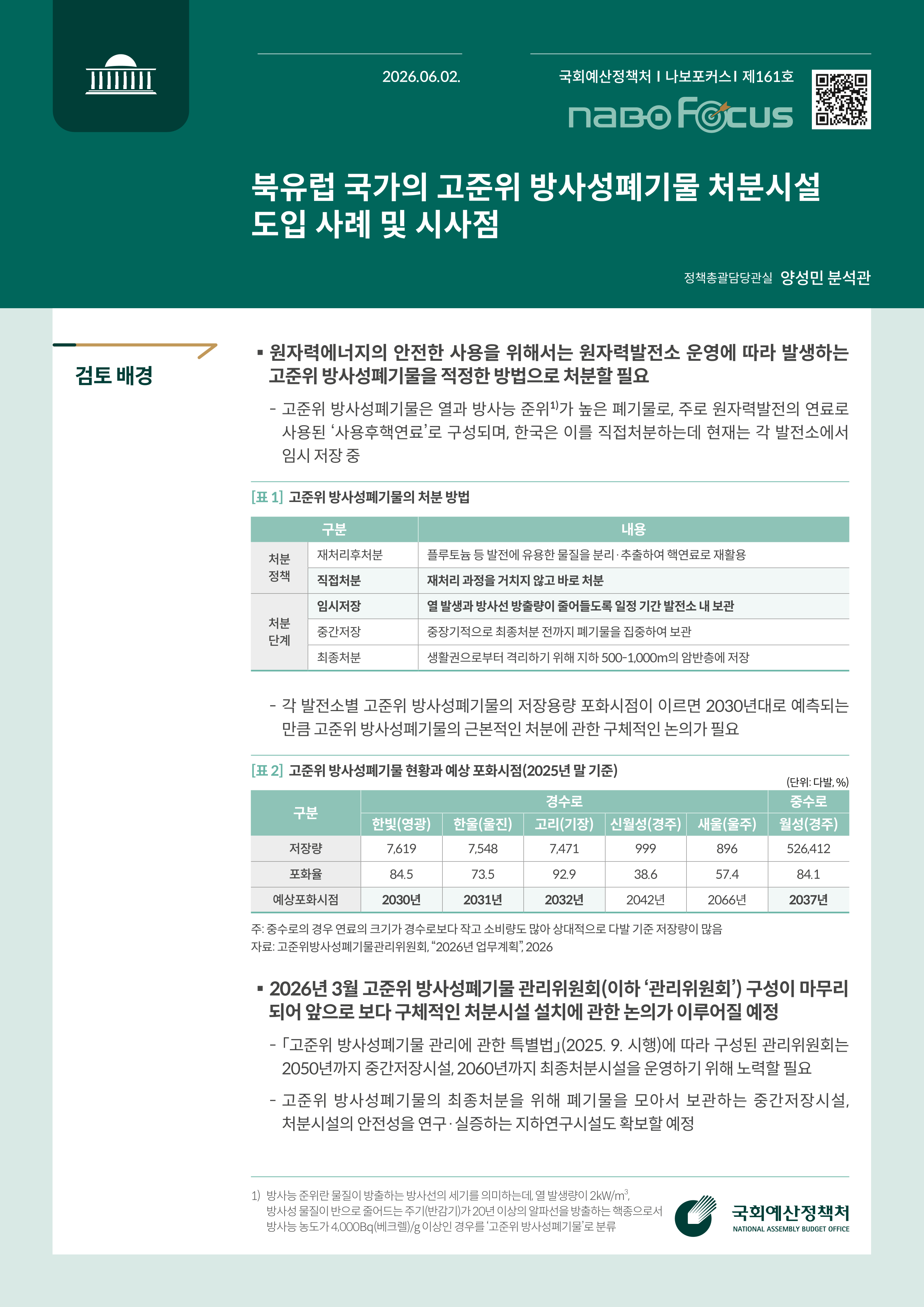 [NABO Focus 제161호] 북유럽 국가의 고준위 방사성폐기물 처분시설 도입 사례 및 시사점 발간물 표지